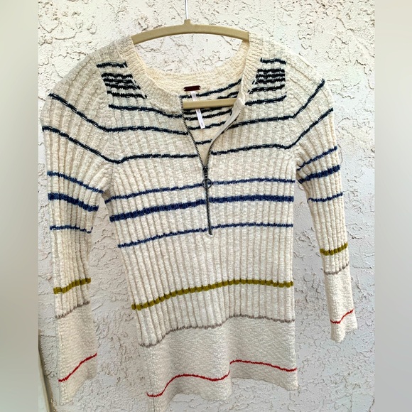 Free People Sweaters - Free People “Rossi” Striped Rib Knit 3/4 Sleeve Henley Sweater Zip Up Top Sz S